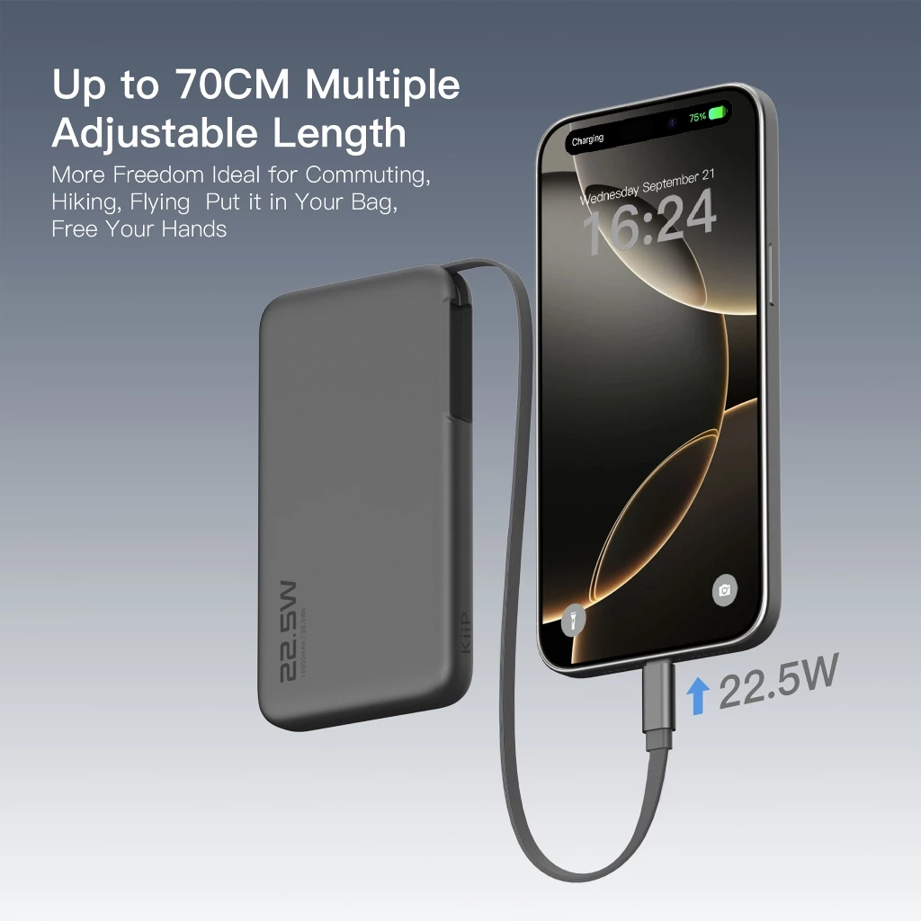 KiiP E60 Powerbank Retractable Cable 22.5W 10000mah Fast Charging Power Bank Type-C