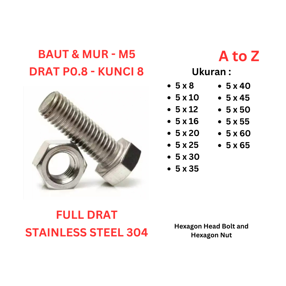 Jual Baut Mur SS 304 - M5 x 6 / 8 / 10 / 12 / 16 / 20 / 25 / 30 / 35 ...