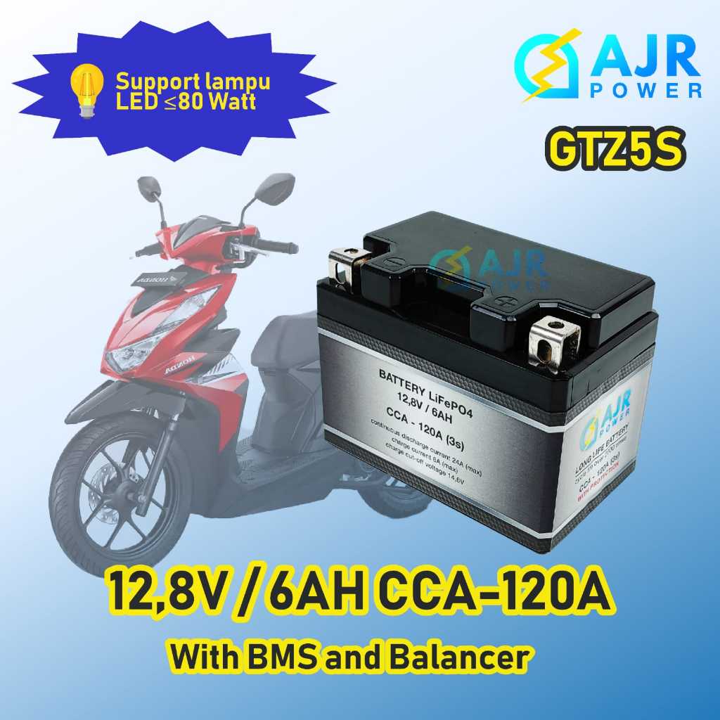 Aki Accu Lithium LiFePo4  GTZ5S sepeda motor 12V 6AH CCA 120A SILVER EDITION dengan BMS bisa STARTER
