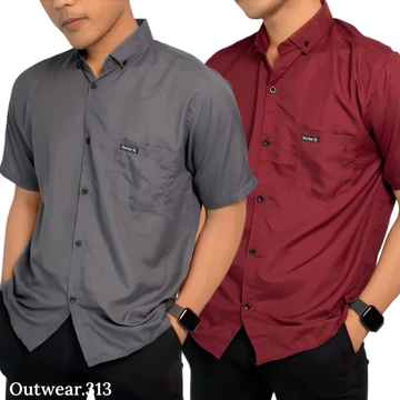 Paket 2 Pcs Kemeja Cowok Lengan Pendek Polos Kasual Bahan Katun Adem Slim Fit