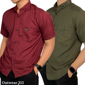 Paket 2 Pcs Kemeja Cowok Lengan Pendek Polos Kasual Bahan Katun Adem Slim Fit