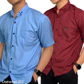 Paket 2 Pcs Kemeja Cowok Lengan Pendek Polos Kasual Bahan Katun Adem Slim Fit