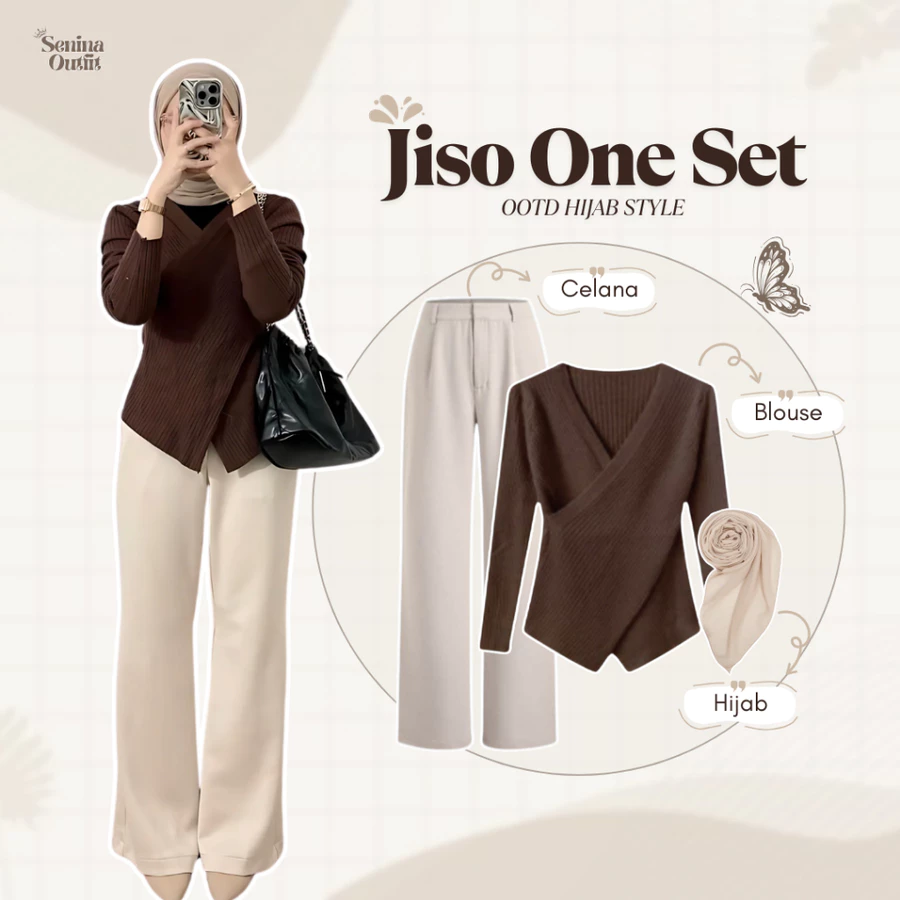 One Set Setelan Wanita Kekinian ( Atasan Rajut - Celana - Jilbab ) OOTD Outfit Cewek - SO69 | 008