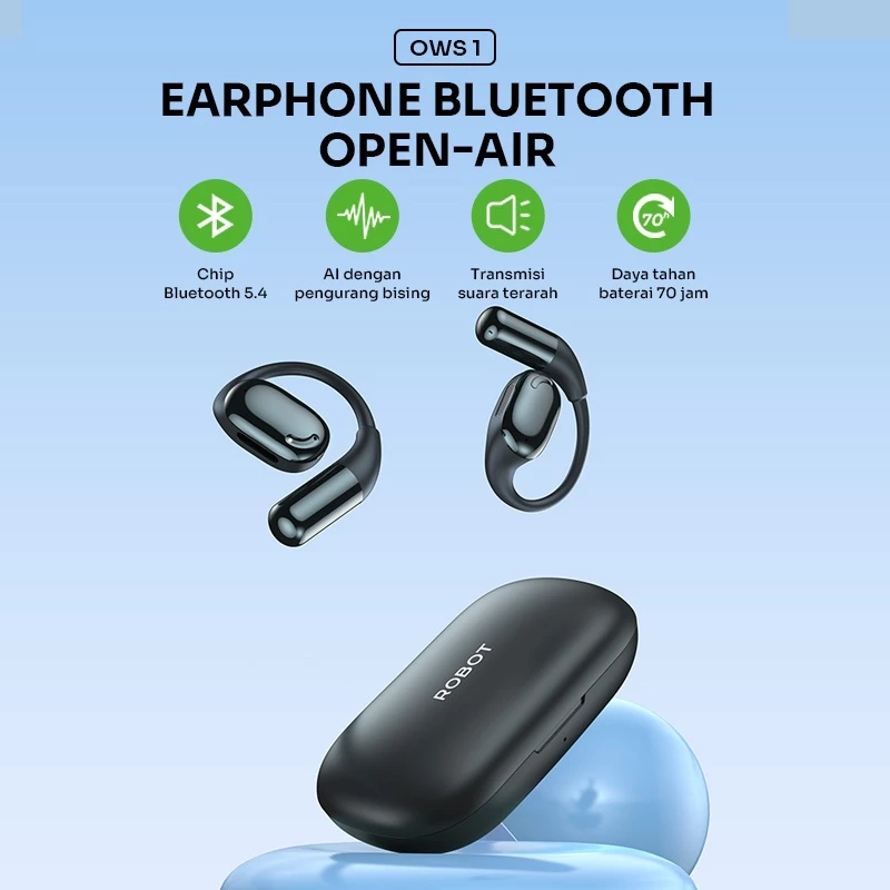 ROBOT True Wireless Open Ear Headphone Earphone Sport Running PlayTime 70 Hours Headset Bluetooth 5.4 Adjustable