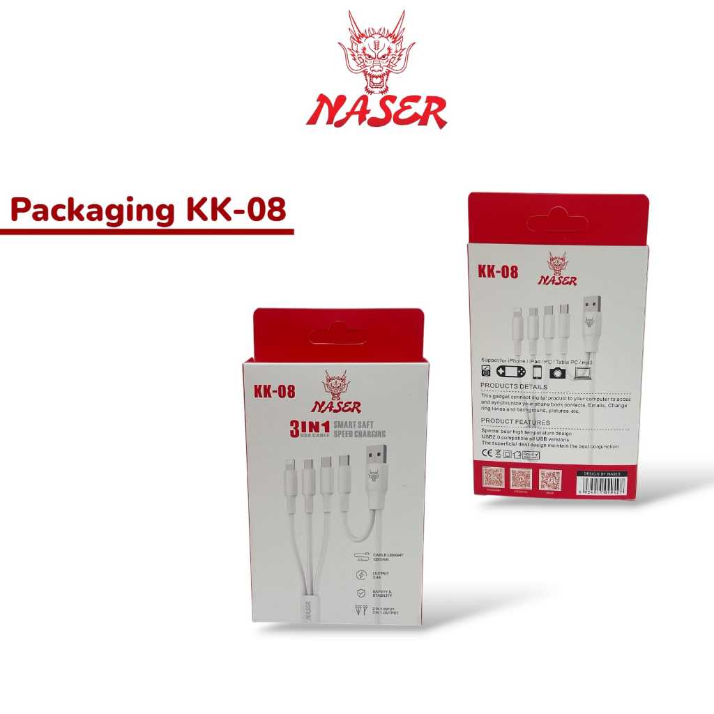 Jual NASER KABEL KK-08 2IN1 3IN1 / Kabel Data Charger 1.2 Meter / Kabel ...