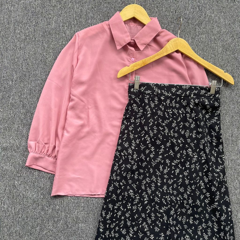 Jual SETELAN ONE SET 2in1 ROK FLORAL WANITA MOTIF BUNGA + KEMEJA POLOS ...