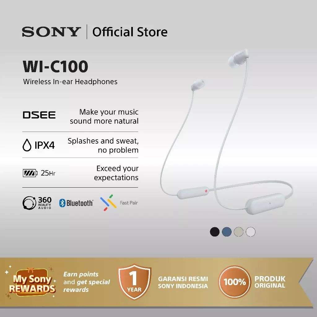 SONY WI-C100 In Ear Wireless Bluetooth Headset With Microphone - White [Battery Up to 25h]