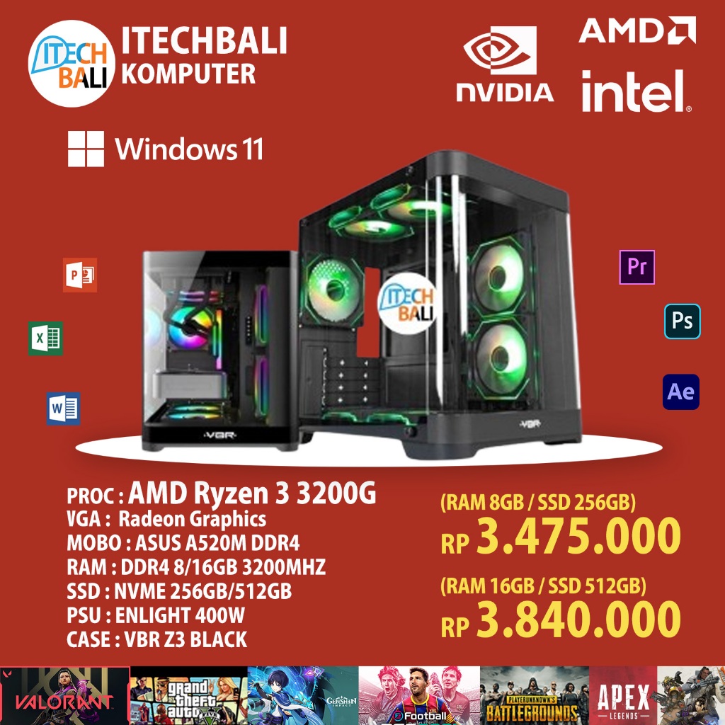 Jual Rakitan PC AMD Ryzen 3 3200G RAM 8GB/16GB SSD 256GB/512GB Garansi ...