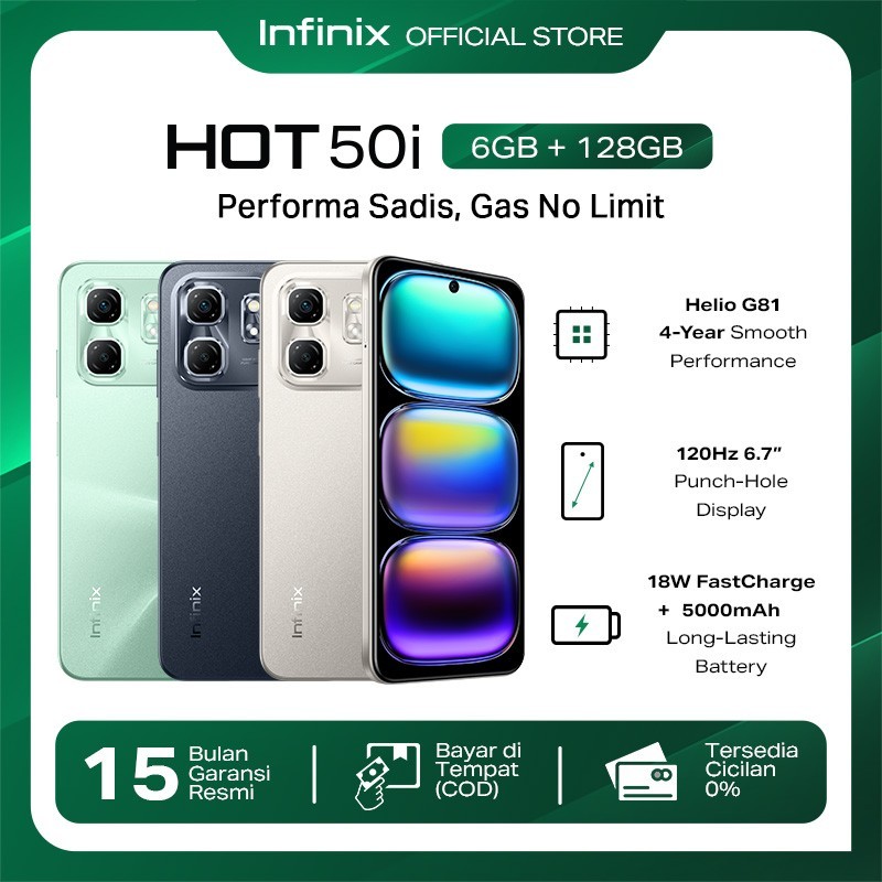 Infinix Hot 50i 6/128GB - Up to 12GB Extended RAM - Helio G81 - 6.7 inch 120Hz Punch Hole Display - 48MP AI Lens - 5000 mAh -