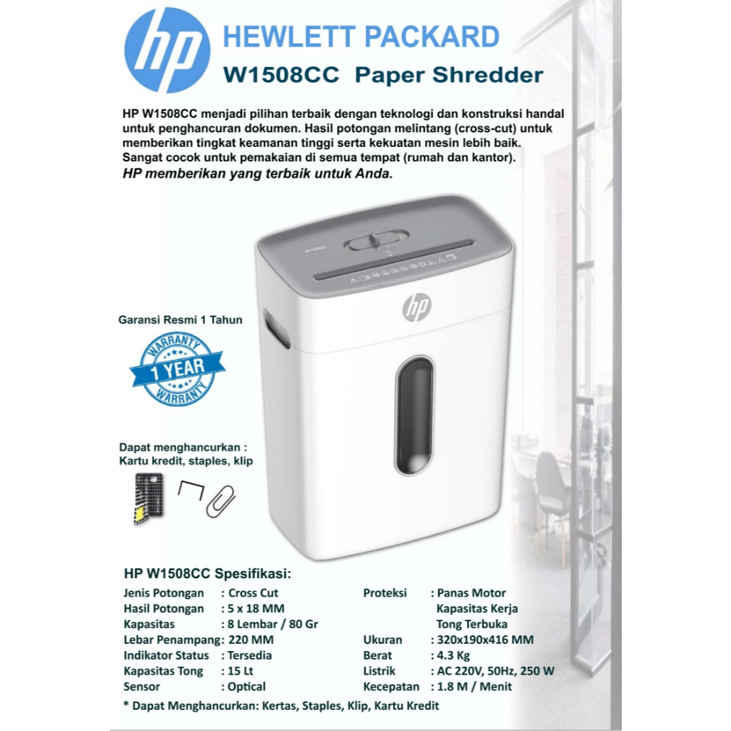 Jual HP W1508CC Paper Shredder / PAPER SHREDDER HP -W1508CC (White 15 L ...