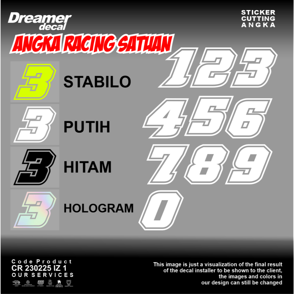 Jual Dreamer Decal Sticker Stiker Cutting Angka Racing Satuan cocok ...