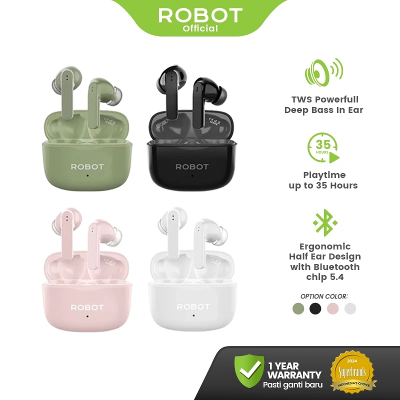 ROBOT TWS Earphone Airbuds T70E Deep Bass Bluetooth 5.4 Original - Garansi 1 Tahun