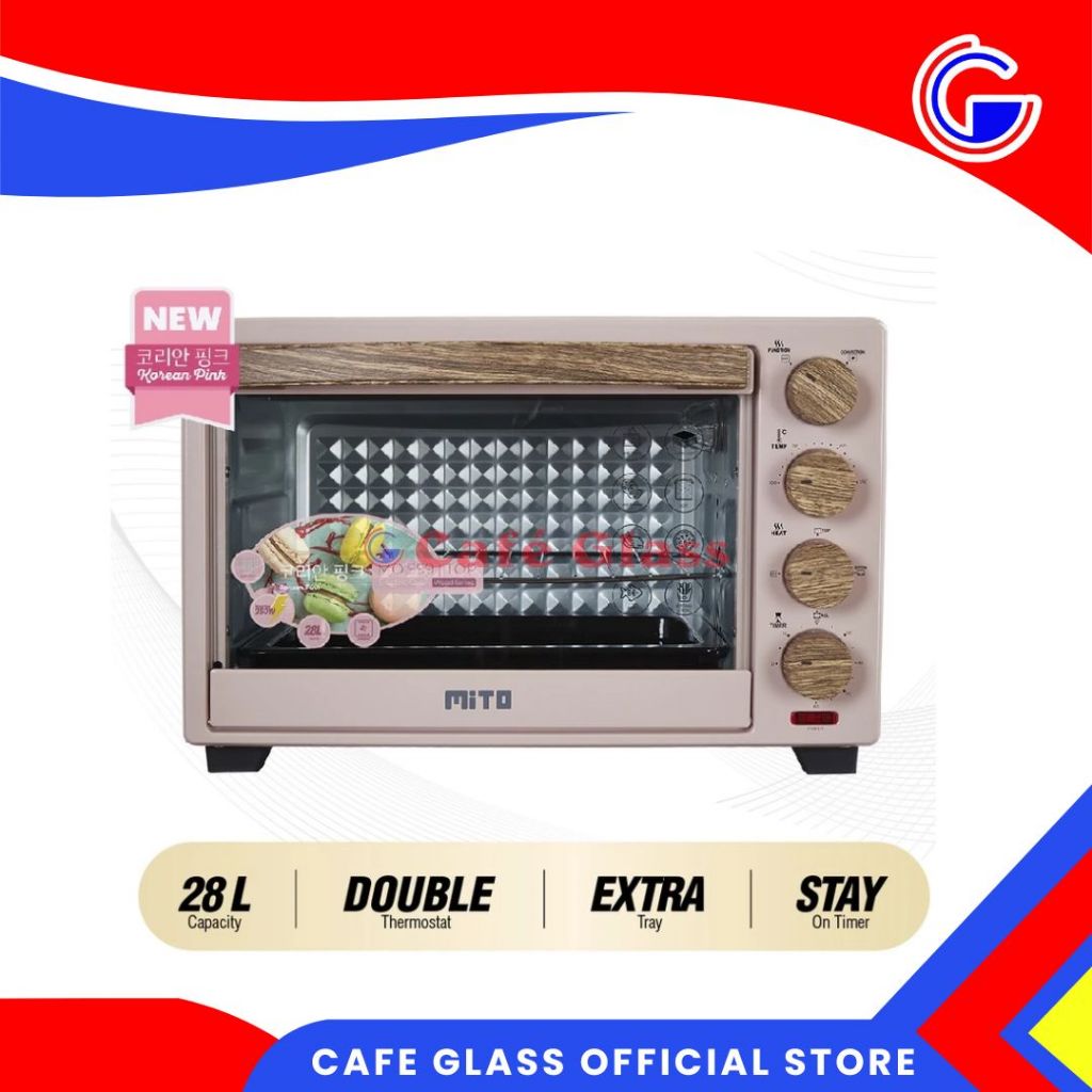 Oven Mito Pink - Oven Listrik Low Watt 350W 28L / Elektrik Oven Double Thermostat, Extra Tray, Timer / Pemanggang Kue Ayam Roti / Mito Top Wood Series Mo-999