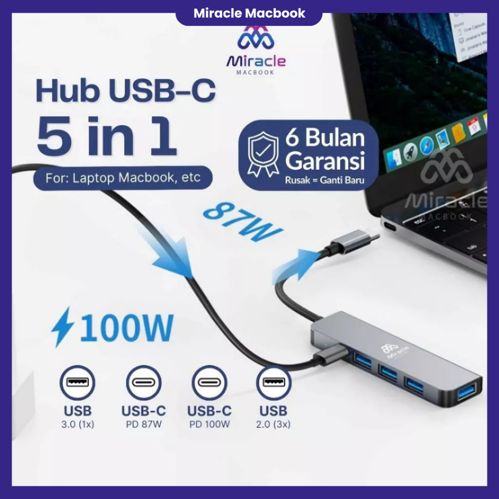 Jual MIRACLE PREMIUM 5 in 1 USB C HUB – PD 100W Dast, USB 3.0 & 2.0 ...