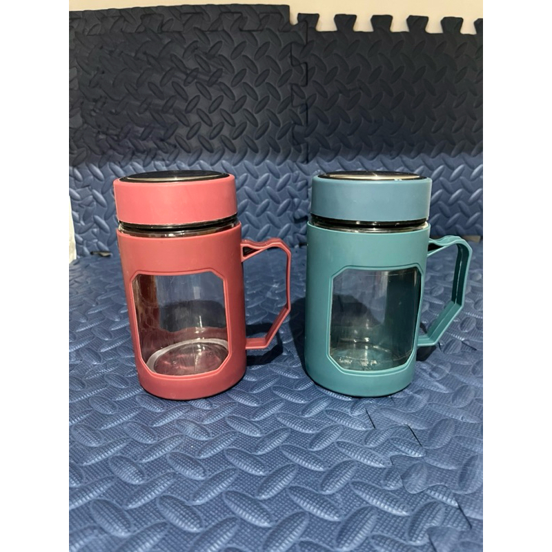 Jual mug jar gelas kaca ada pegangan dan tutup gelas warna pink dan ...