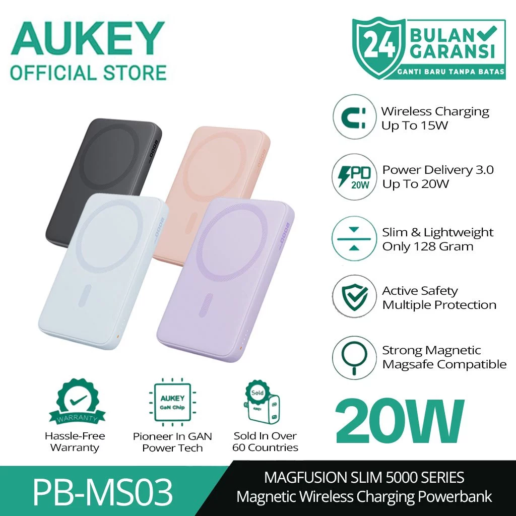 AUKEY Magnetic Wireless Powerbank Magsafe 5000mah USB-C 20W PD 3.0 MagFusion 5000 Series PB-MS03
