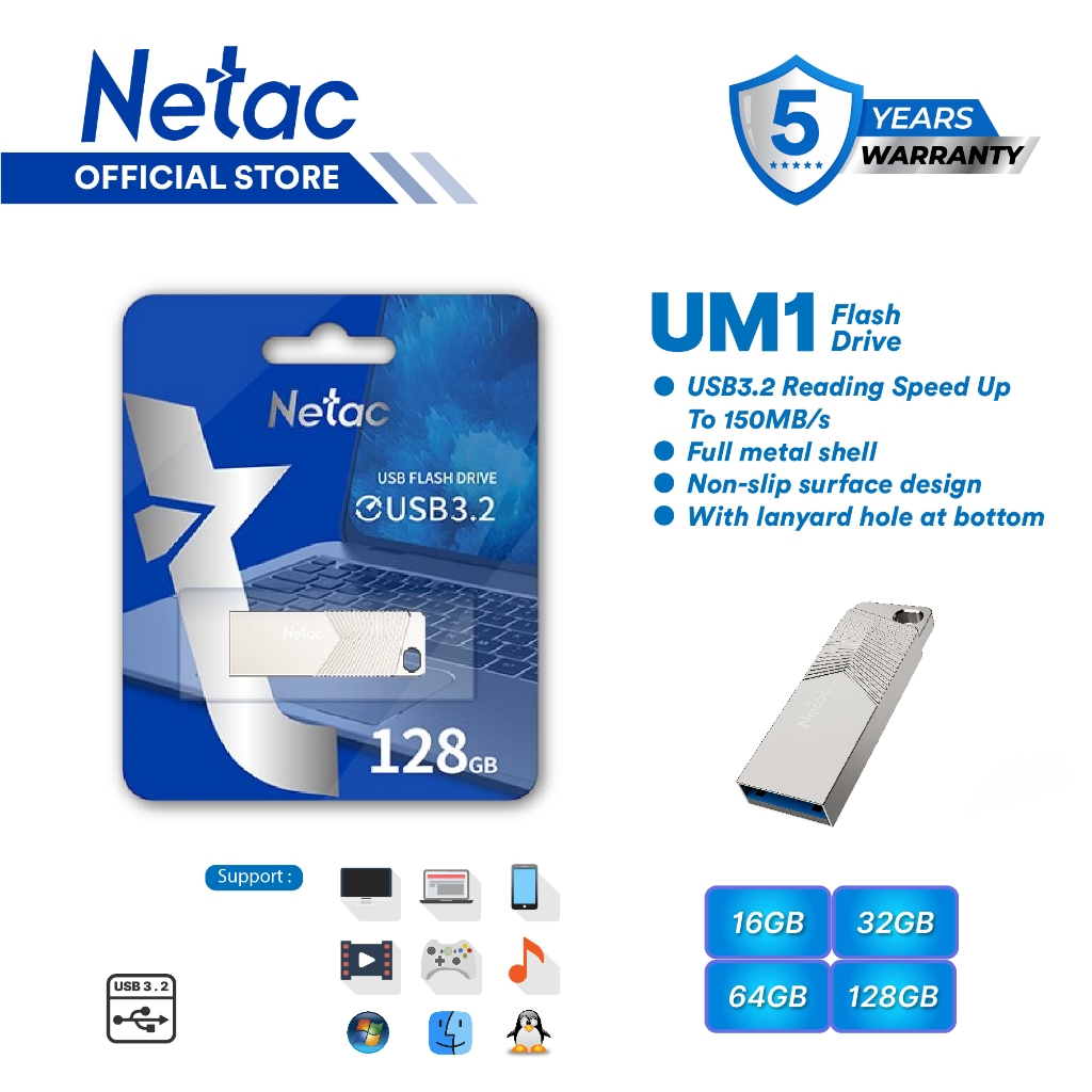 Jual Netac Flashdisk UM1 USB 3.2 Flash Drive 16GB/32GB/64GB/128GB Ultra ...