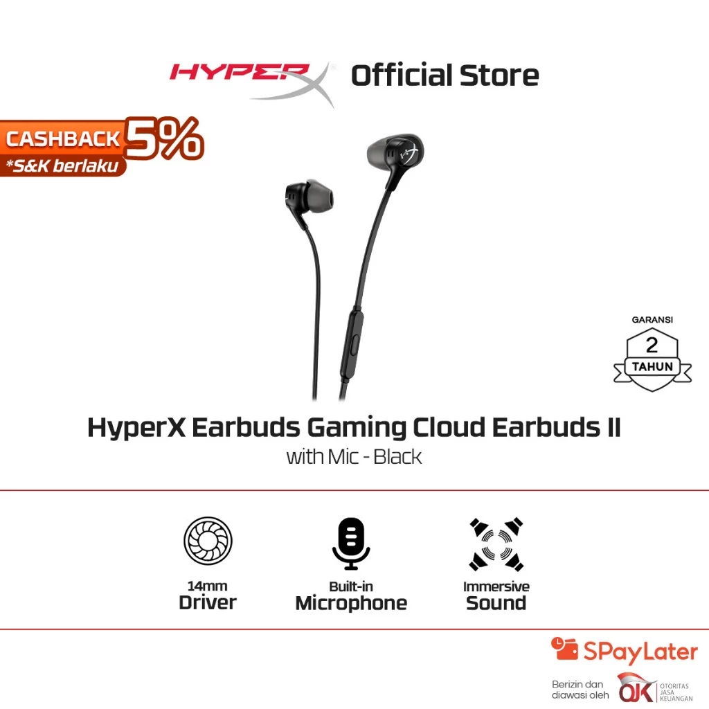 HyperX Earbuds Gaming Cloud II Wired - Red / Black Noise Cancelling Stereo Bass Android iOS Led RGB Microphone