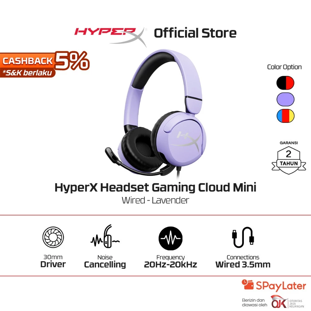 HyperX Headset Gaming Cloud Mini Wired - Black / Lavender / Multi-Color Noise Cancelling Leather Stereo Bass Android iOS Led RGB