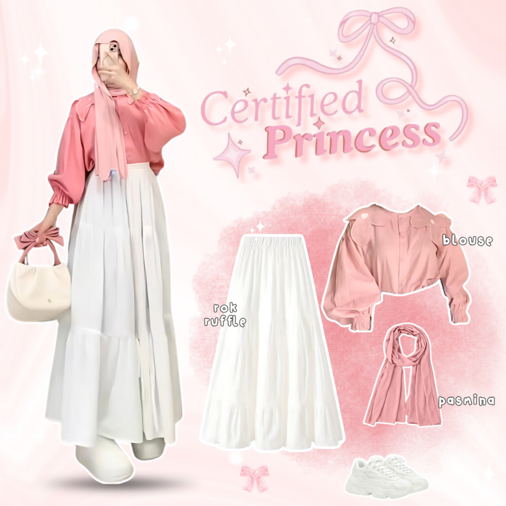 Jual Set Outfit Cute Pink Remaja (Hijab+Blouse+Rok Ruffle) Oneset OOTD ...