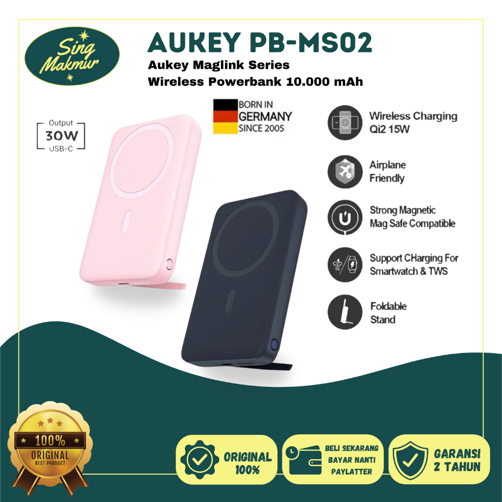 Jual AUKEY Wireless Powerbank Magsafe 10000mah PB-MS02-BU USB-C 30W PD ...