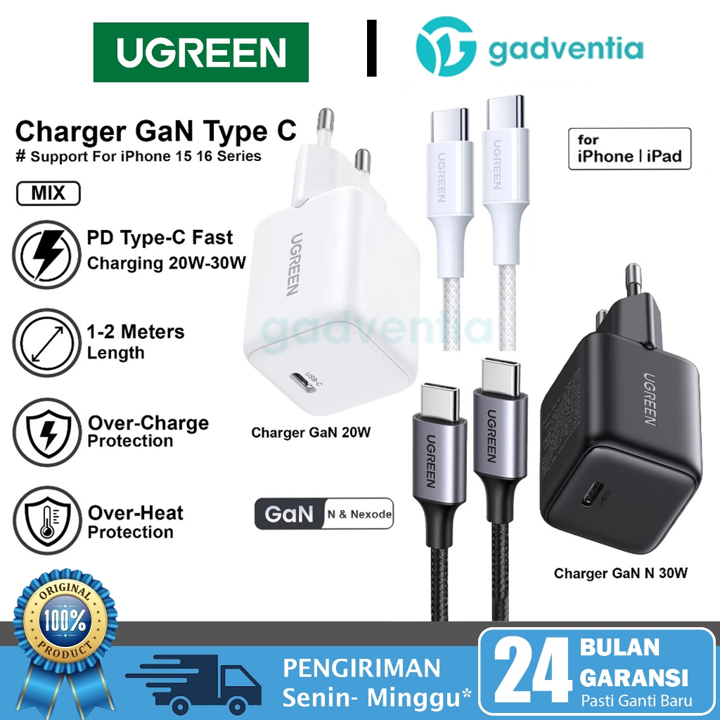 UGREEN Charger GaN Mini Set iPhone 15 16 Pro Max USB C to C Nylon Cable  Fast Charging 30w 20w
