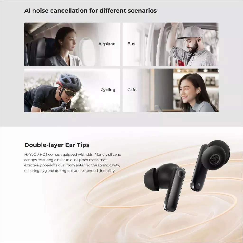 Haylou HQ5 Earphone headset ANC Adaptif dengan 4 Mikrofon ENC & Bluetooth 6.0