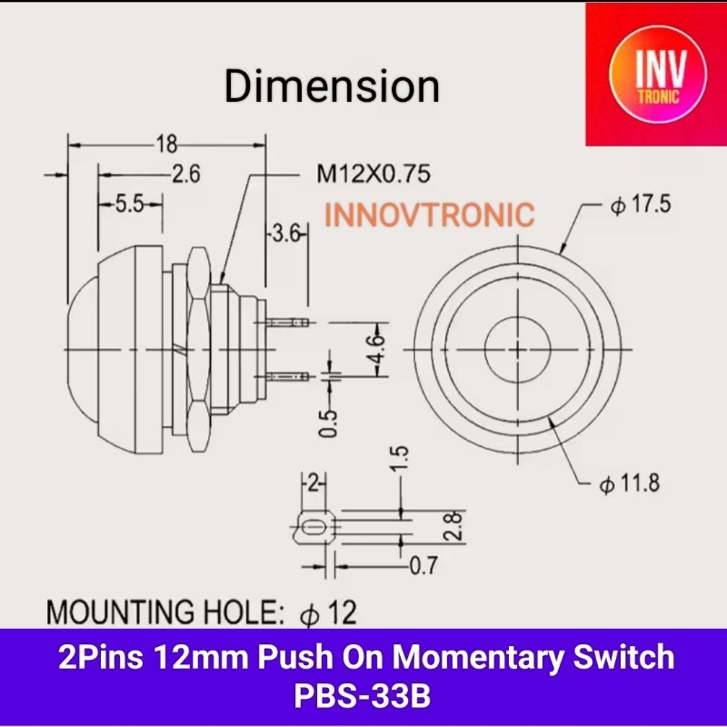 Jual 2pin 12mm Push On Momentary Round Switch Saklar Bel Klakson PBS ...