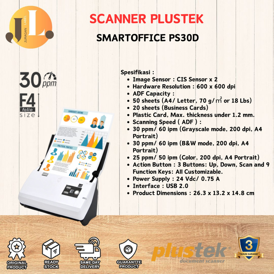 Jual Scanner Plustek SmartOffice PS30D - 30 Lembar/menit (F4/Folio ...
