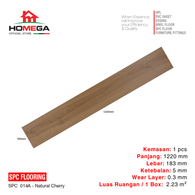 HOMEGA SPC Flooring - Lantai Kayu Parket Parkit Parquet Klik Tanpa Lem - Tekstur Natural Cherry - 1 pcs