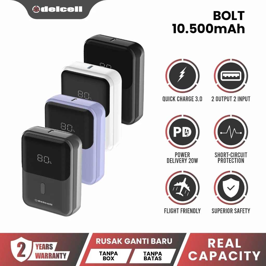 Delcell Bolt Powerbank Mini 10500mAh Fast Charging 22.5W Digital Display QC + PD 2 Tahun garansi