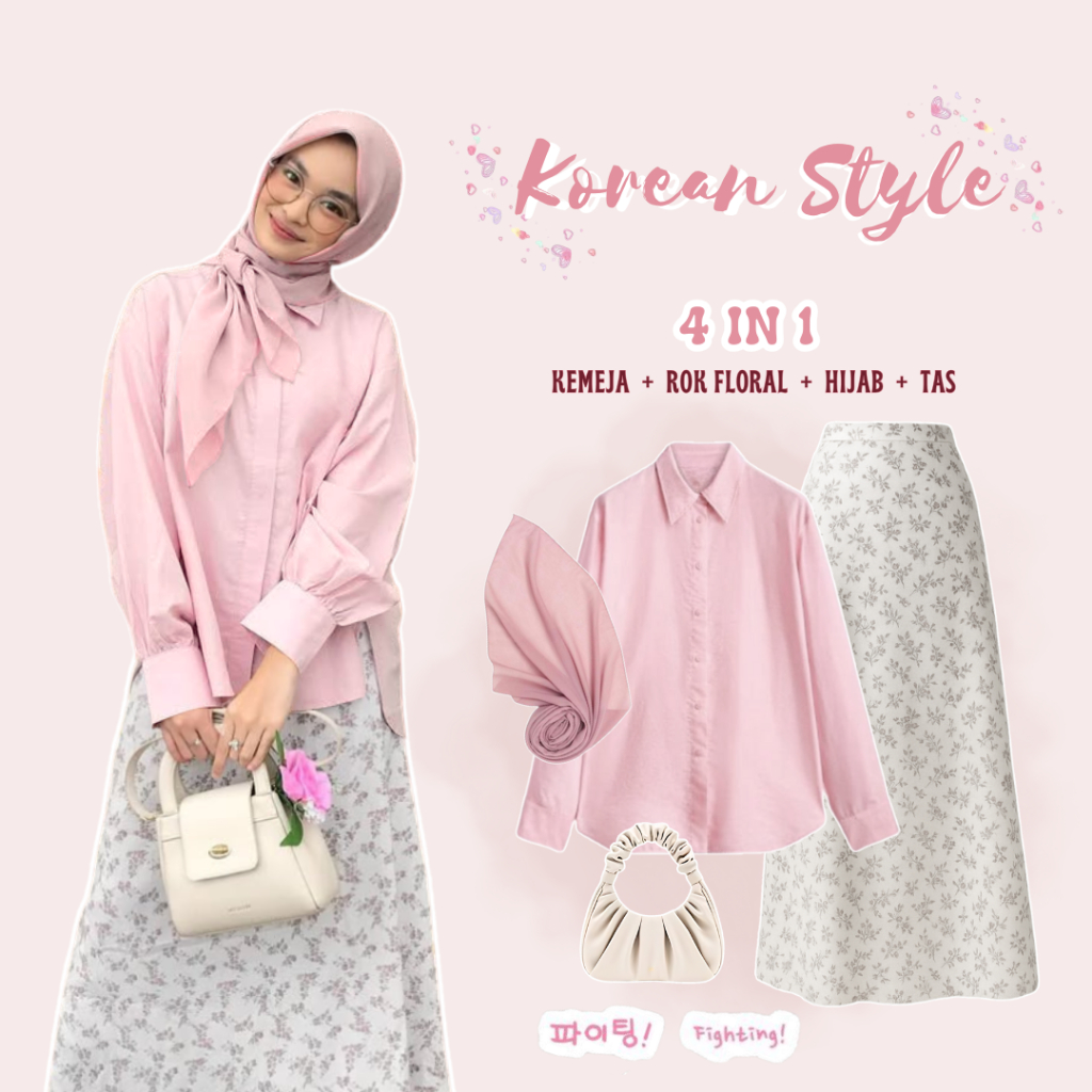 Jual Outfit Korean Style 4in1 / One Set Rok Wanita Kekinian / Kemeja ...