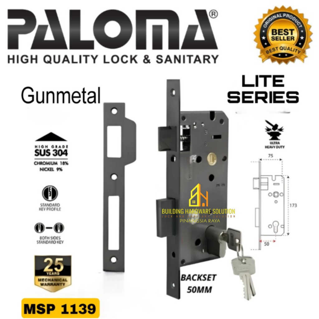 Jual PALOMA MSP 1139 Mortise Lock Backset 50MM / 5CM Body Kunci Pintu ...