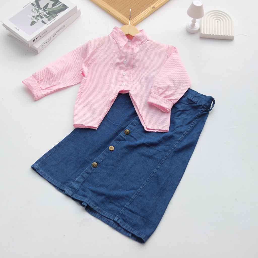 Jual Setelan Rok Jeans Anak Lucia I Atasan Kemeja Motif Salur 3-12 ...