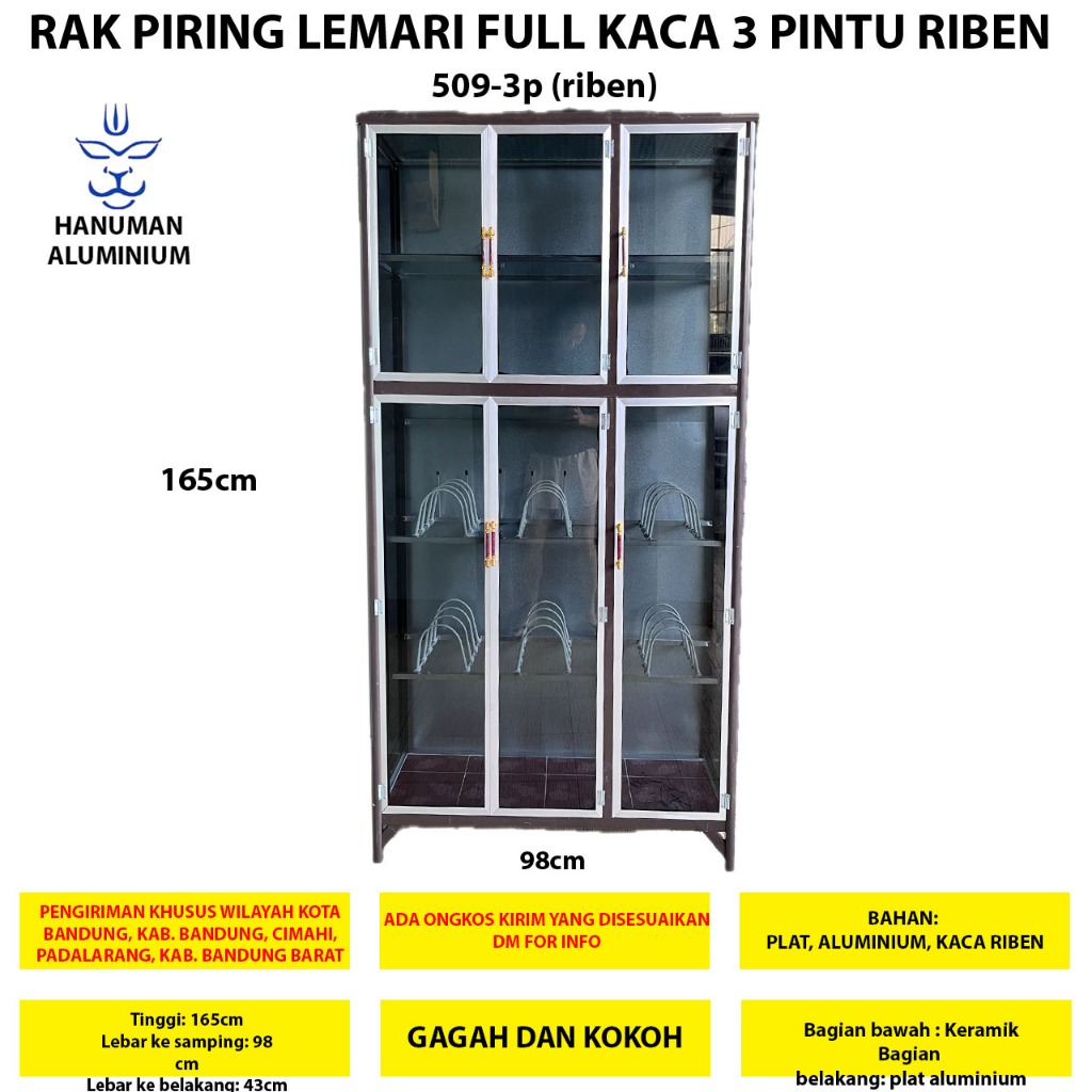 Jual HANUMAN ALUMINIUM Rak Piring Lemari Full Kaca Riben 3 Pintu ...