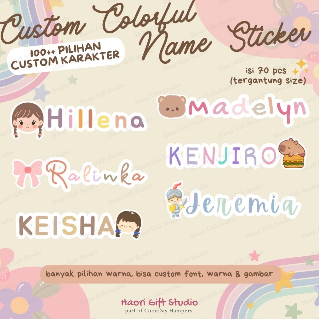 Jual [30-70pcs] Sticker Nama Colorful WATERPROOF Custom / Nama Anak ...