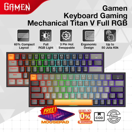 GAMEN Keyboard Gaming Mechanical 60% Layout Titan 5 RGB Full Light Hot-Swappable Ergonomic Design Original - Garansi 1 Tahun