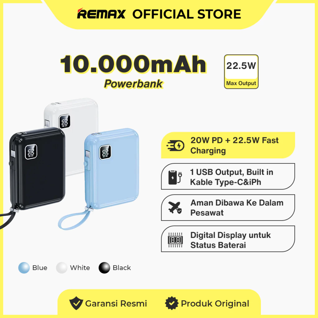 Remax Powerbank Fast 10000mAh 20W+22.5W Build Cable iPh+Type-C RPP-579