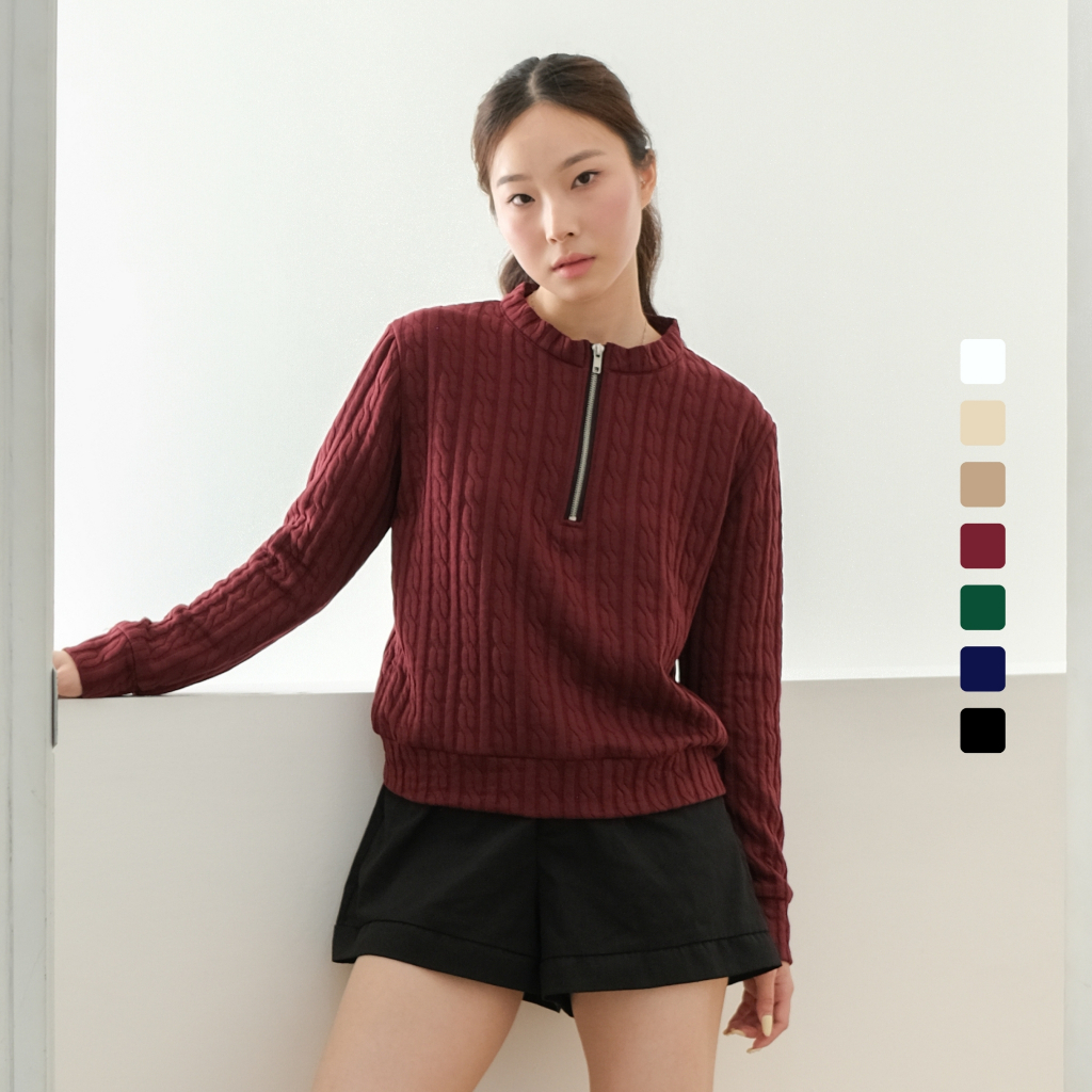 Jual SAGI - Cable Upper Zip Knit Sweater | Atasan Lengan Panjang Rajut ...
