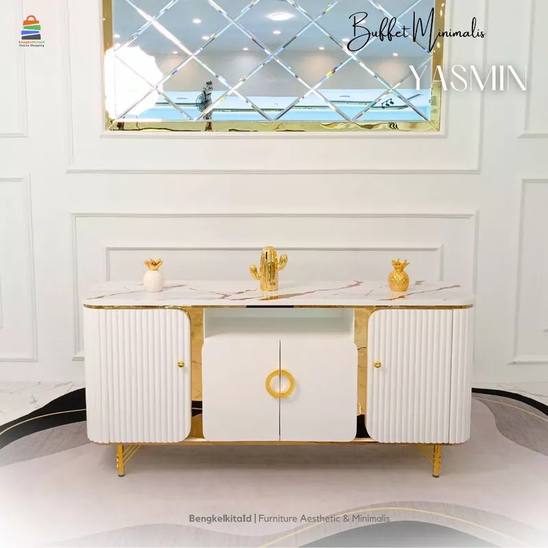 Meja TV Aesthetic Yasmin Buffet Ruang Tamu Mewah Kayu Solid 160cm