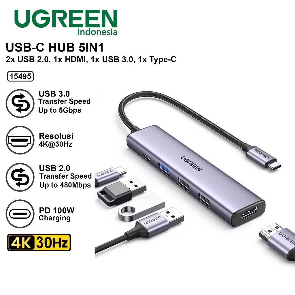 Jual EI* UGREEN 15495 HUB 5 in 1 Converter Type C to HDMI 4K 30HZ 3 ...