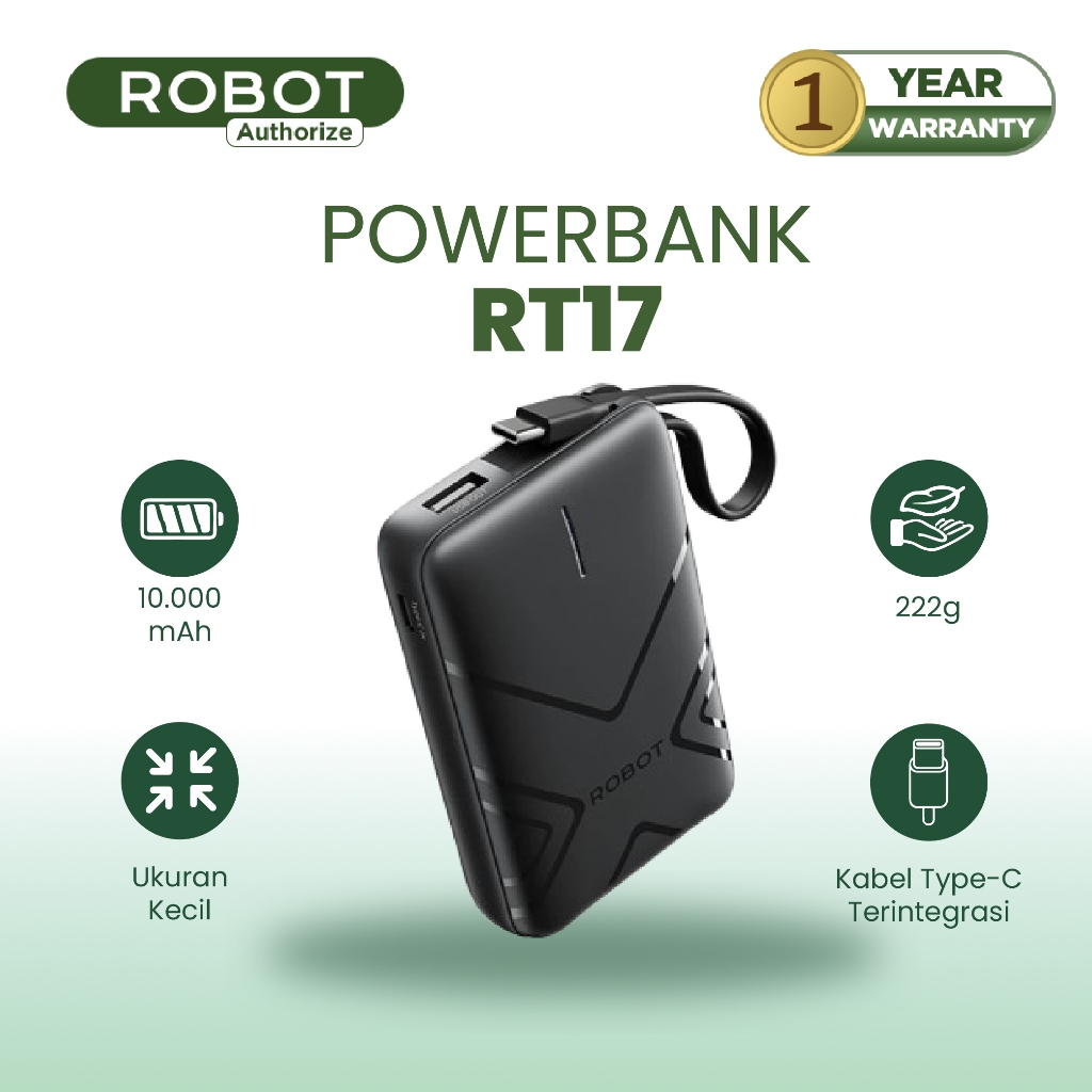 ROBOT RT17 Smart Powerbank Mini 37W 10000mAh With Cable USB to Type C Fast Charging Original - Garansi 1 Tahun
