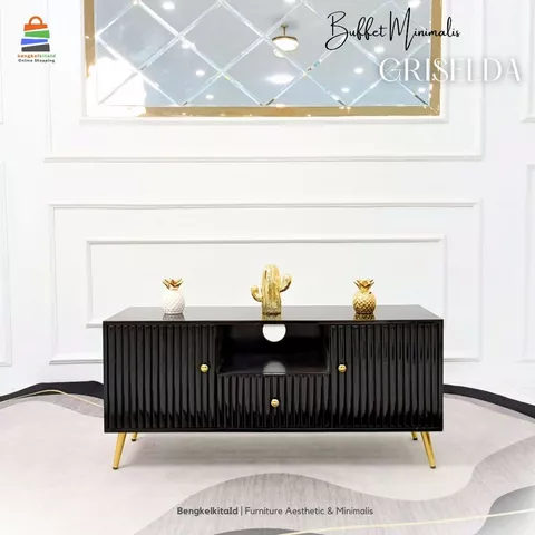 Meja TV Aesthetic Minimalis - MEJA GRISELDA - Buffet TV Kayu Solid 2 Pintu 1 Laci Glossy