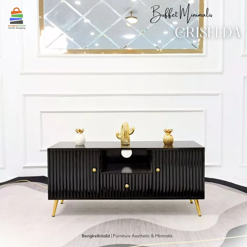Meja TV Aesthetic Minimalis - MEJA GRISELDA - Buffet TV Kayu Solid 2 Pintu 1 Laci Glossy