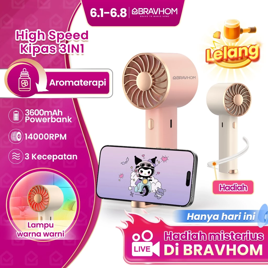 BRAVHOM Kipas Angin Powerbank Portable 3IN1: Solusi 3 Fungsi + Aromaterapi untuk Segala Aktivitas! BRAVHOM Kipas Angin Powerbank Portable 3IN1: Solusi 3 Fungsi + Aromaterapi untuk Segala Aktivitas!