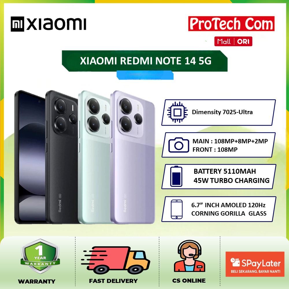 Xiaomi Redmi Note 14 5G 108MP AI Camera System with OIS MediaTek  Dimensity 7025 Ultra Corning Gorilla Glass IP64 Dus