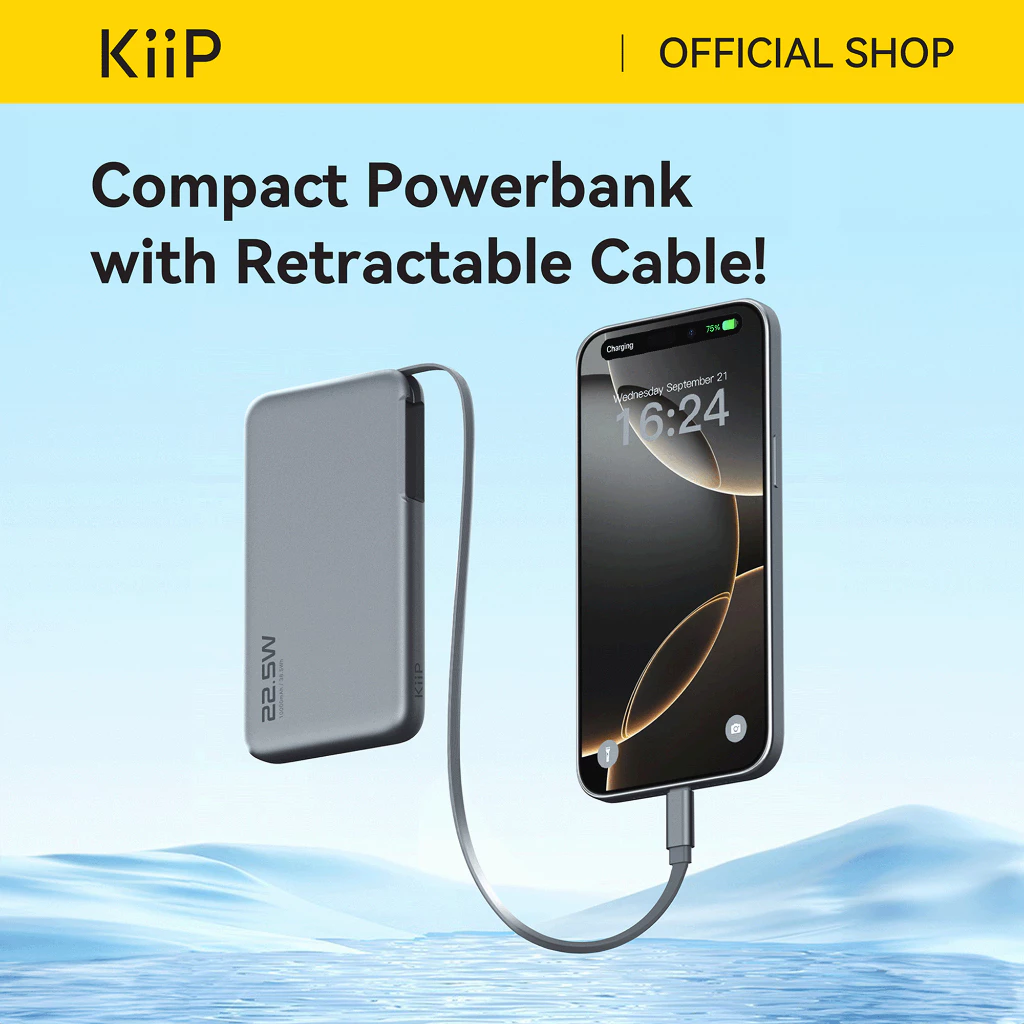 KiiP E60 Powerbank Retractable Cable 22.5W 10000mah Fast Charging Power Bank Type-C