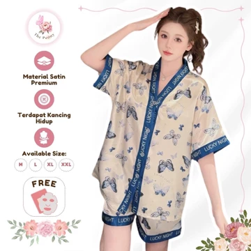 One Set Wanita The Peony Baju Tidur Pajamas Motif Setelan Piyama Dewasa Celana Pendek Satin