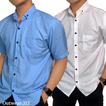 Paket 2 Pcs Kemeja Cowok Lengan Pendek Polos Kasual Bahan Katun Adem Slim Fit