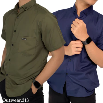 Paket 2 Pcs Kemeja Cowok Lengan Pendek Polos Kasual Bahan Katun Adem Slim Fit